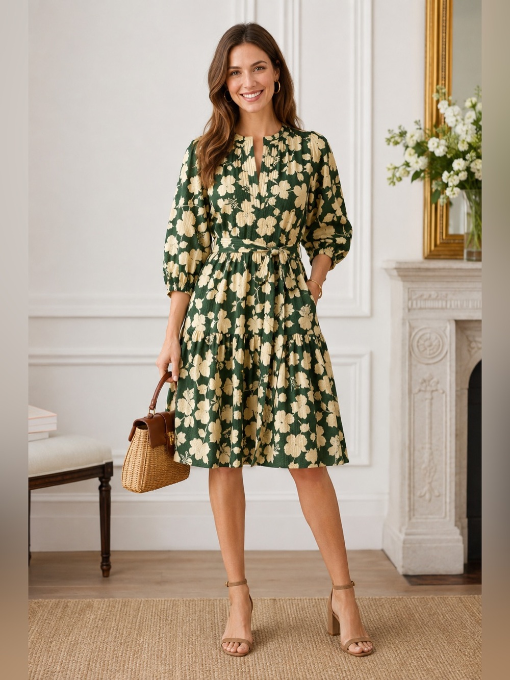Ann Mashburn Floral Seersucker Dress Size S Green Cream Belted Midi Pockets